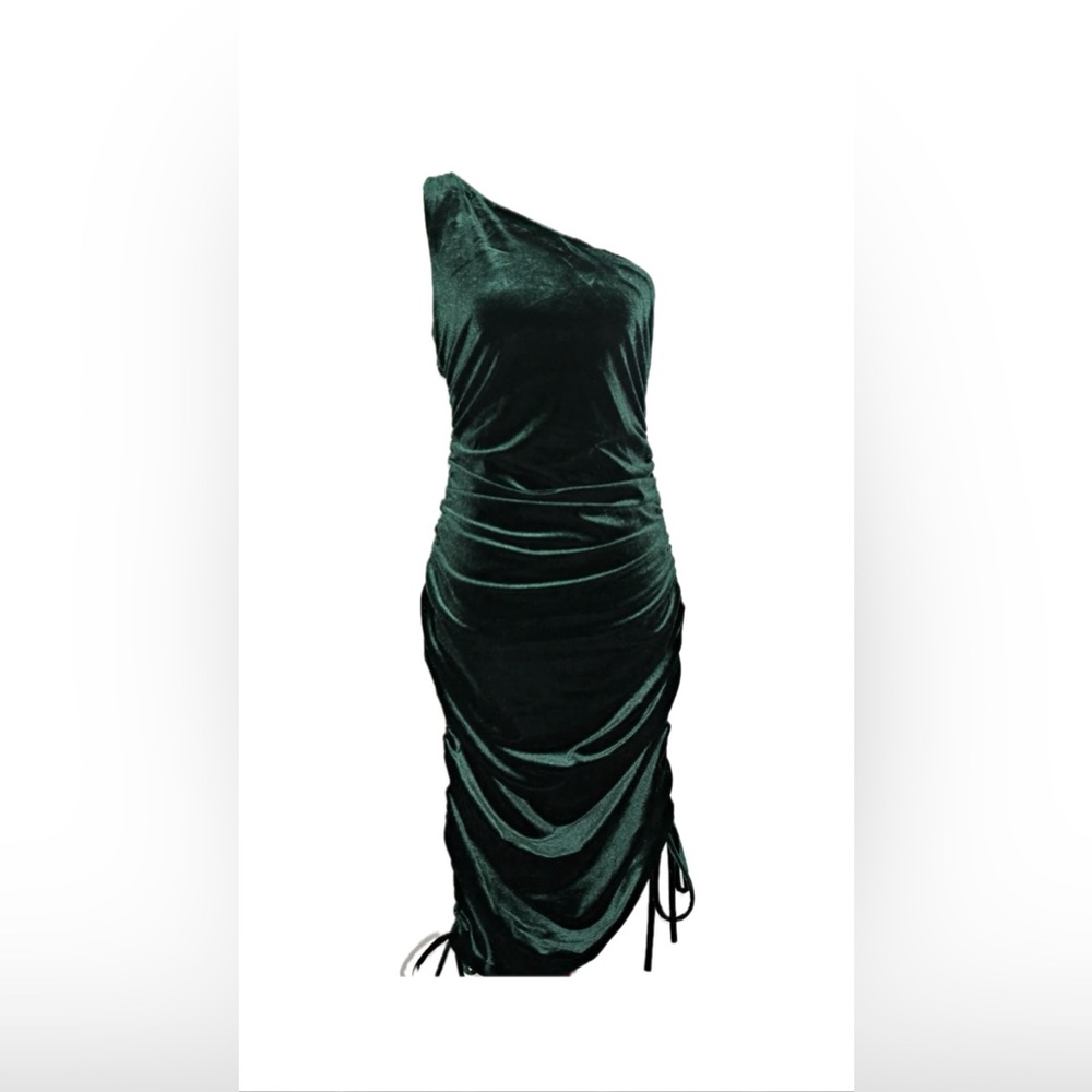 House of Harlow 1960 Green Velvet Ruched One Shoulder Midi Dress